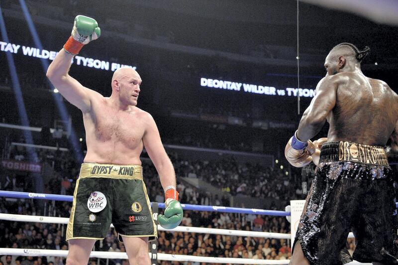 Deontay Wilder and Tyson Fury during the WBC Heavyweight Championship bout at the Staples Center in Los Angeles. (Photo by Lionel Hahn/PA Images via Getty Images)