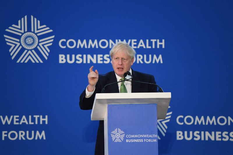 Boris Johnson addresses a conference on "Achieving a greener future" in Kigali. AFP