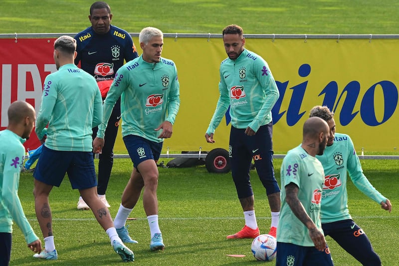 Brazil's Neymar and Pedro training with teammates. AFP
