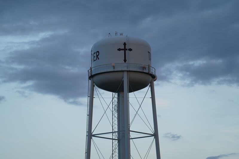 The Tangier water tower rises high above the flat island. 