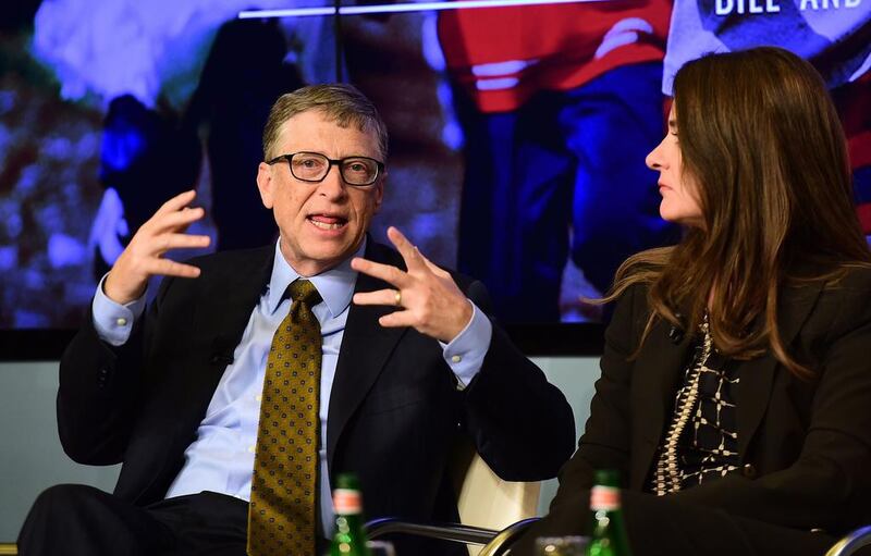 Bill and Melinda Gates, founders of the Bill and Melinda Gates Foundation, take part in a discussion about expected breakthroughs in the next 15 years in health, education, farming and banking in Brussels. Emmanuel Dundand / AFP PHOTO

