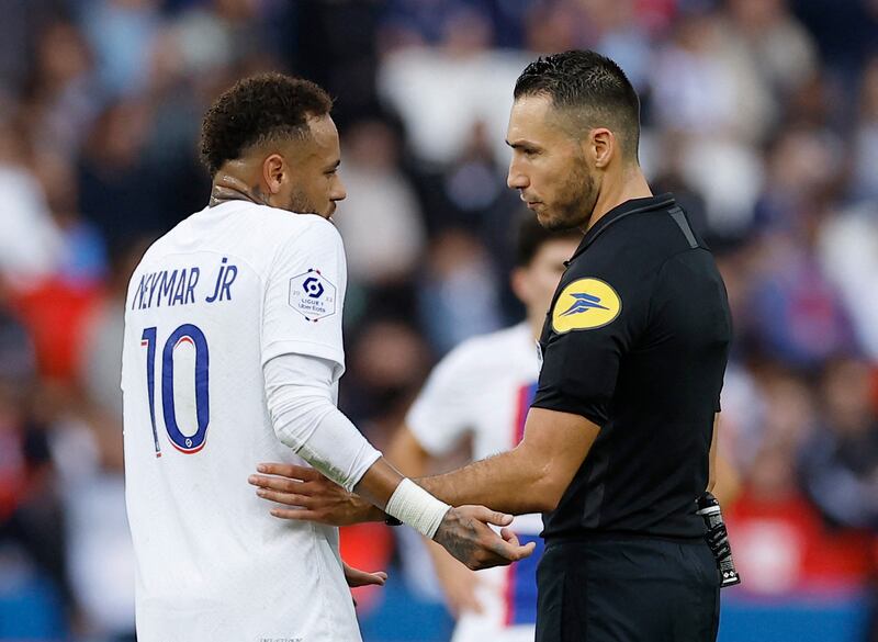 Neymar remonstrates with referee Jeremie Pignard. Reuters