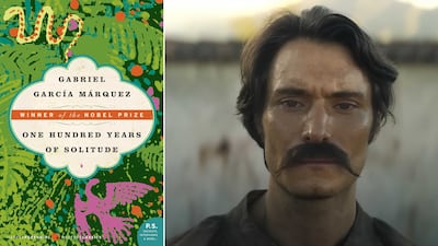 The cover of One Hundred Years of Solitude by Gabriel Garcia Márquez, left, and Claudio Catano in the Netflix adaptation. Photos: Harper Perennial, Netflix