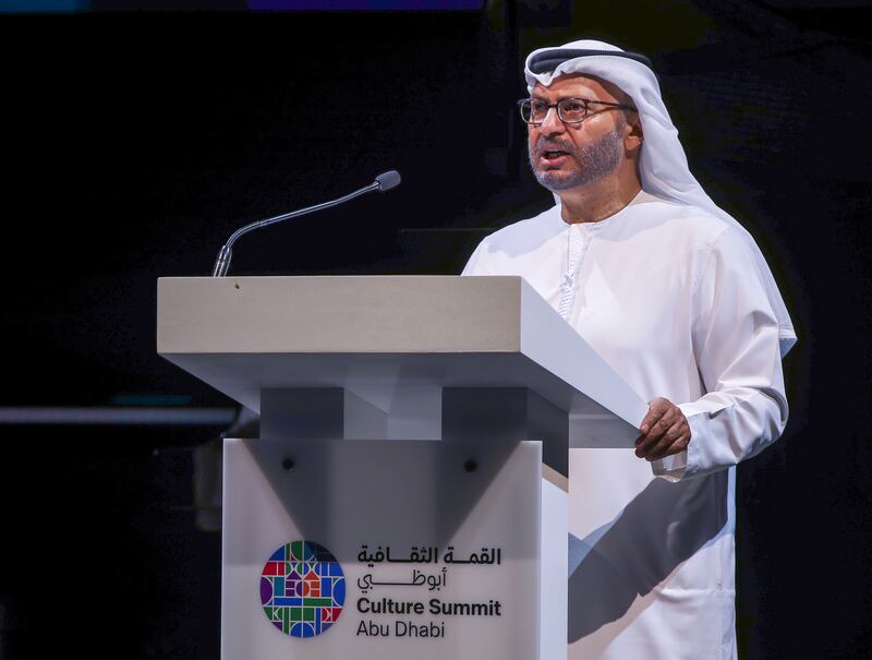Dr Anwar Gargash speaking at the final day of Culture Summit Abu Dhabi. Victor Besa / The National