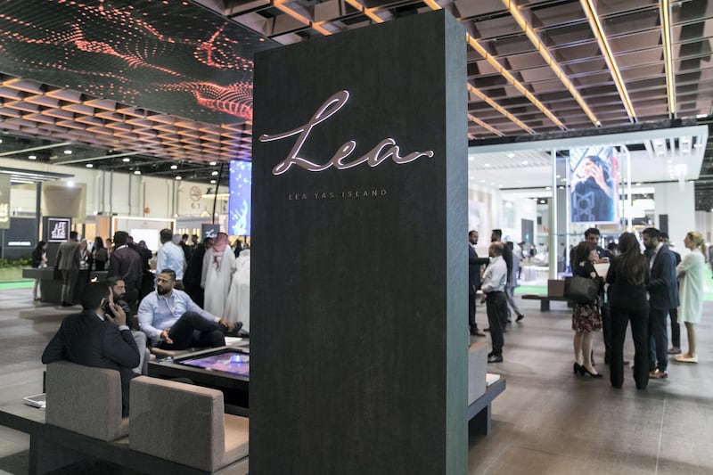 ABU DHABI, UNITED ARAB EMIRATES - April 16 2019.
Al Dar's booth, featuring "Lea" at Cityscape Abu Dhabi 2019.

The Abu Dhabi real estate developer is building a new waterfront residential project in the emirate as part of its recently adopted strategy to offer land plots for sale.

The ‘Lea’ scheme is on the northern coast of Yas Island, where Abu Dhabi’s Formula One racetrack, the Yas Marina, theme parks and several neighbourhoods including the adjoining Yas Acres development are located.

(Photo by Reem Mohammed/The National)

Reporter: Gillian Duncan
Section: NA + BZ