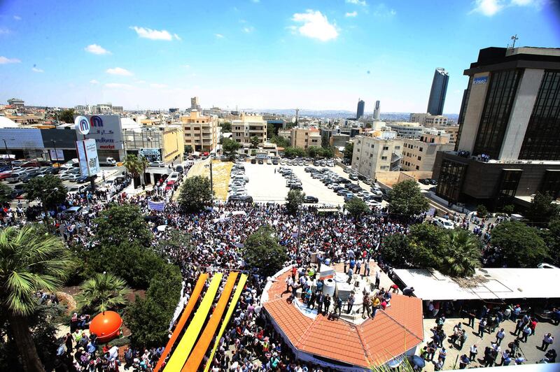 Jordanians gather at the professional Associations compound to participate at the country's strike refusing the new incom law draft put by the government and sent to the parliament, in Amman, Jordan, on May 30, 2018. (Salah Malkawi for The National)