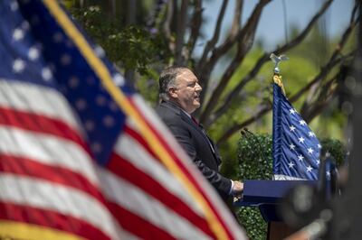 YORBA LINDA, CA - JULY 23: U.S. Secretary of State Mike Pompeo delivers a speech on Communist China and the future of the free world at the Richard Nixon Presidential Library on July 23, 2020 in Yorba Linda, California. The U.S. has ordered the Chinese consulate in Houston, Texas to close by tomorrow. Pompeo told reporters that the decision comes amid China's "stealing" of intellectual property. The Chinese foreign ministry condemned the closing and said that its embassy in Washington had received death threats.   David McNew/Getty Images/AFP
== FOR NEWSPAPERS, INTERNET, TELCOS & TELEVISION USE ONLY ==
