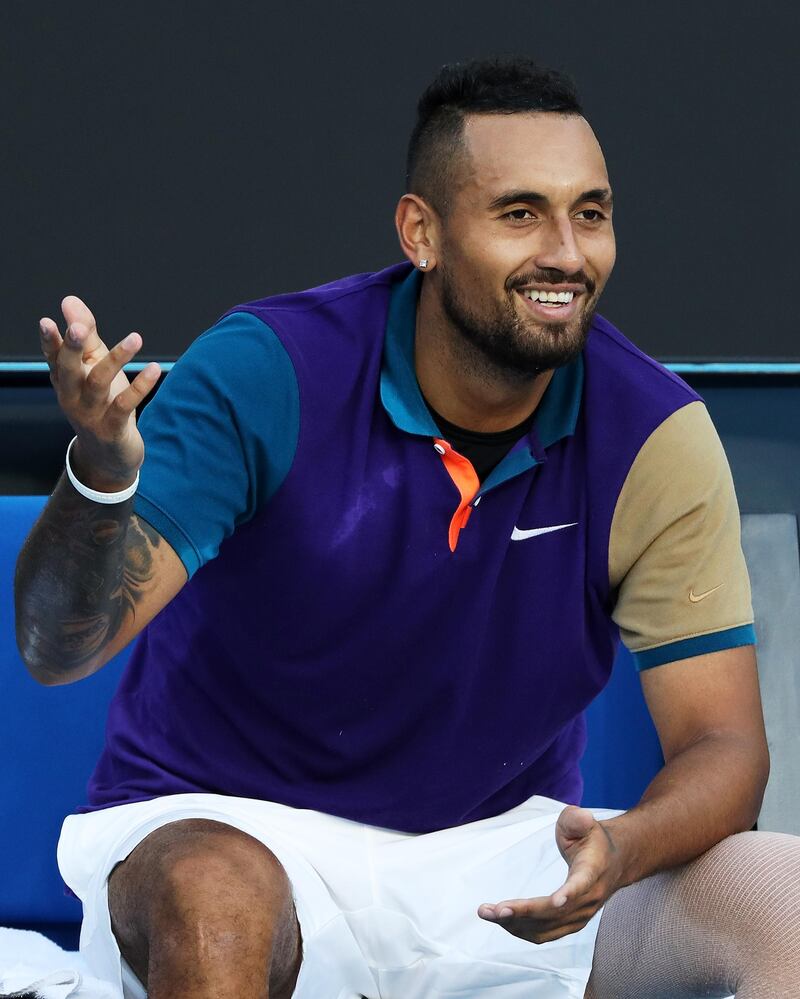 Nick Kyrgios argues with the match referee. Getty