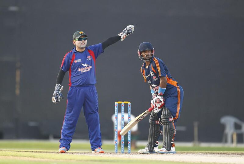 Kamran Akmal of Grand Midwest gestures during the semi-finals on Thursday of the Bukhatir Cricket League in Sharjah. Jeffrey E Biteng / The National / June 26, 2014