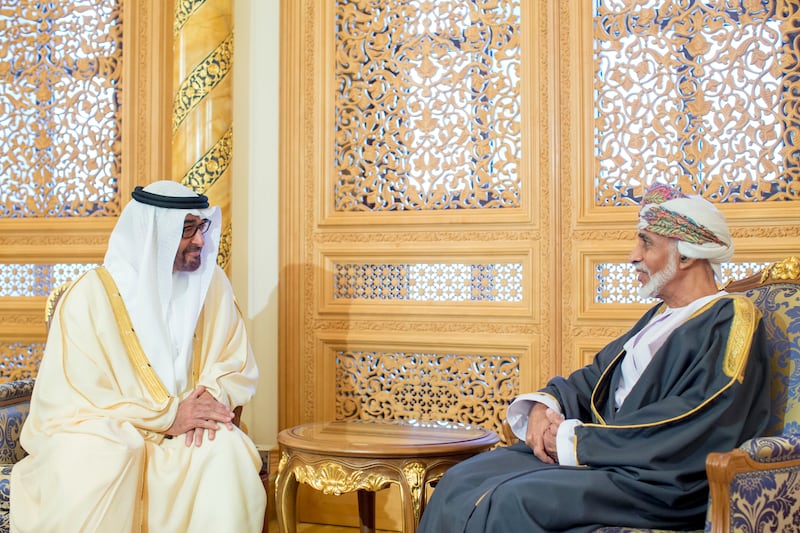 MUSCAT, OMAN - December 24, 2013: HH General Sheikh Mohamed bin Zayed Al Nahyan Crown Prince of Abu Dhabi Deputy Supreme Commander of the UAE Armed Forces (L), meets with HM Sultan Qaboos bin Said, Sultan of Oman (R), during an official visit to Oman. 
( Ryan Carter / Crown Prince Court - Abu Dhabi ) *** Local Caption ***  20131224RC_C6_1802.JPG