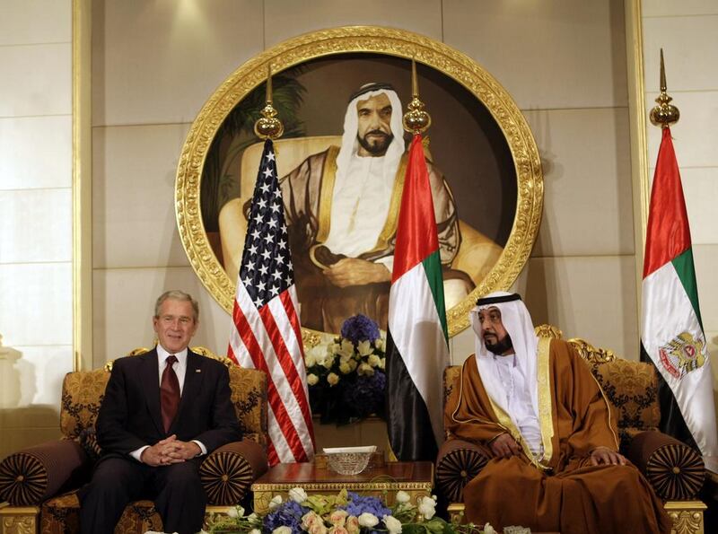 President Sheikh Khalifa receives former US president George W Bush at Al Mushrif Palace in Abu Dhabi. Pablo Martinez Monsivais / AP Photo / January 13, 2008