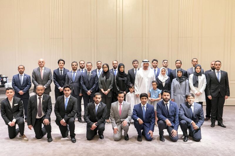 BERLIN, GERMANY - June 12, 2019: HH Sheikh Mohamed bin Zayed Al Nahyan, Crown Prince of Abu Dhabi and Deputy Supreme Commander of the UAE Armed Forces (2nd row 5th R), stands for a photograph with Emirati students who are studying in Germany.

( Rashed Al Mansoori / Ministry of Presidential Affairs )
---