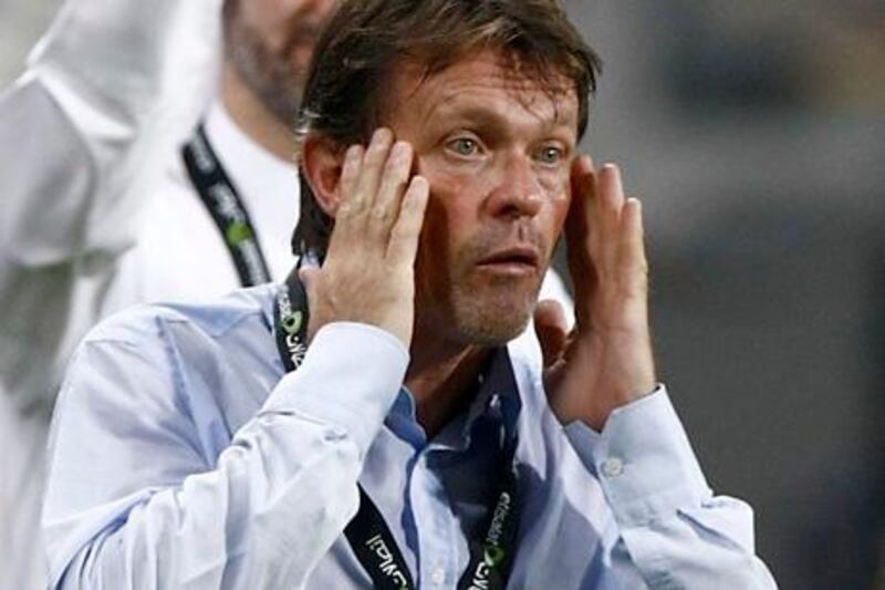 Abu Dhabi, United Arab Emirates, Al Jazira vs Al Wasl , Sept. 15 2011- Al Jazira's Head Coach Franky Vercauteren gives his players signals from the touchline  in the second half  at Mohammed Bin Zayed Stadium.  The Jazira squad downed Al Wasl 4-3 in a late goal in the teams firs match up. Mike Young / The National
