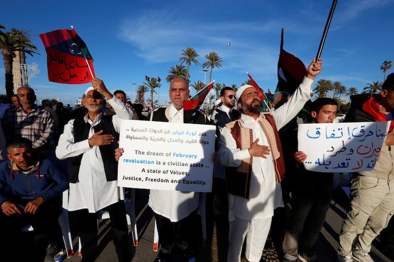 Libyans chant slogans against General Khalifa Haftar from Libyan National Army during a protest in Tripoli, Libya. Reuters