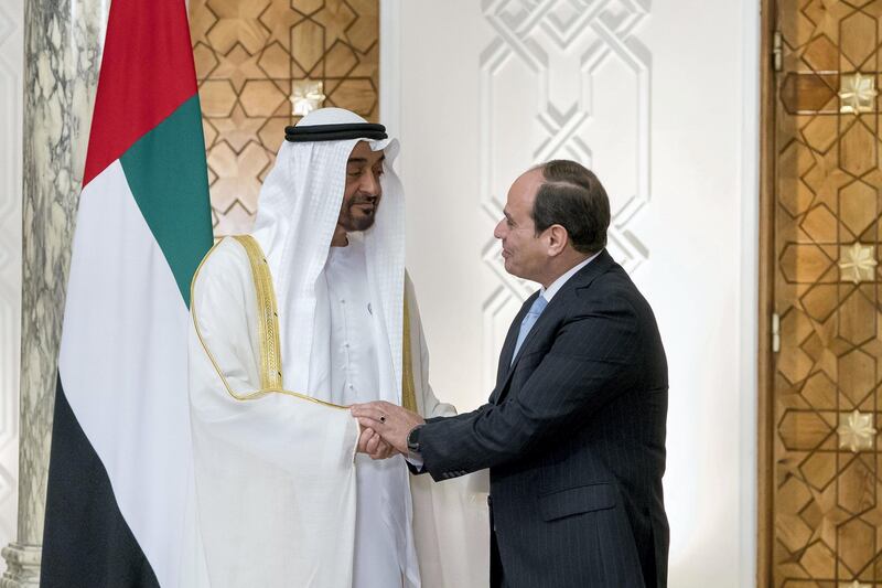 CAIRO, EGYPT - April 10, 2018: HH Sheikh Mohamed bin Zayed Al Nahyan, Crown Prince of Abu Dhabi and Deputy Supreme Commander of the UAE Armed Forces (L), greets HE Abdel Fattah El Sisi, President of Egypt (R), at Heliopolis Palace, during an official visit. 

( Rashed Al Mansoori / Crown Prince Court - Abu Dhabi )