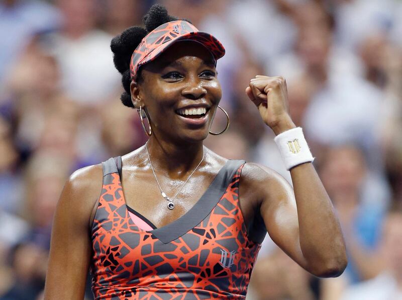 Venus Williams, of the United States, celebrates after defeating Petra Kvitova, of the Czech Republic, 6-3, 3-6, 7-6 (2) in a quarterfinal at the U.S. Open tennis tournament in New York, Tuesday, Sept. 5, 2017. (AP Photo/Kathy Willens)