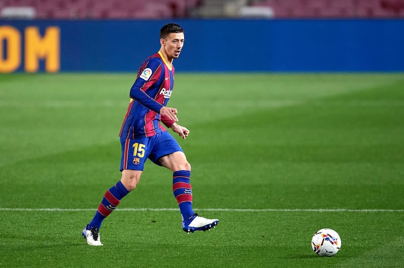 BARCELONA, SPAIN - JANUARY 31: Clement Lenglet of FC Barcelona plays the ball during the La Liga Santander match between FC Barcelona and Athletic Club at Camp Nou on January 31, 2021 in Barcelona, Spain. Sporting stadiums around Spain remain under strict restrictions due to the Coronavirus Pandemic as Government social distancing laws prohibit fans inside venues resulting in games being played behind closed doors. (Photo by Alex Caparros/Getty Images)