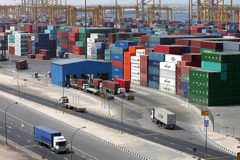 Cargo containers at the Terminal 1 in Jebel Ali port in Dubai. Pawan Singh / The National