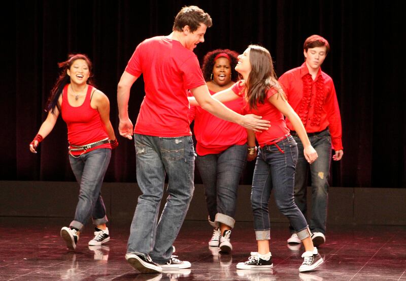 In this publicity image released by Fox, from left,  Jenna Ushkowitz, Cory Monteith, Amber Riley, Lea Michele and Chris Colfer are shown in a scene from "Glee," premiering Wednesday, Sept. 9, at 9:00 p.m. EDT on Fox. (AP Photo/FOX, Carin Baer)