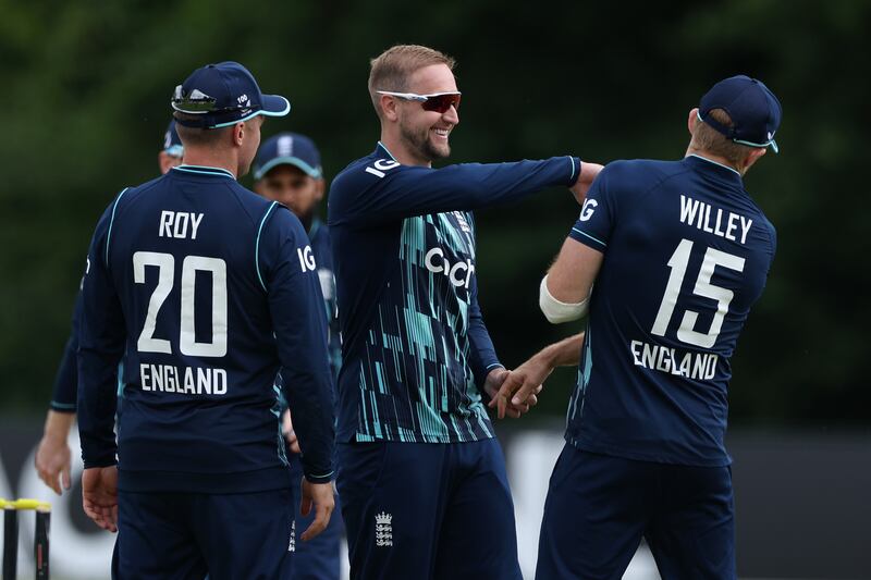 Liam Livingstone of England celebrates taking the wicket of Bas de Leede, caught by David Willey for 34. Getty