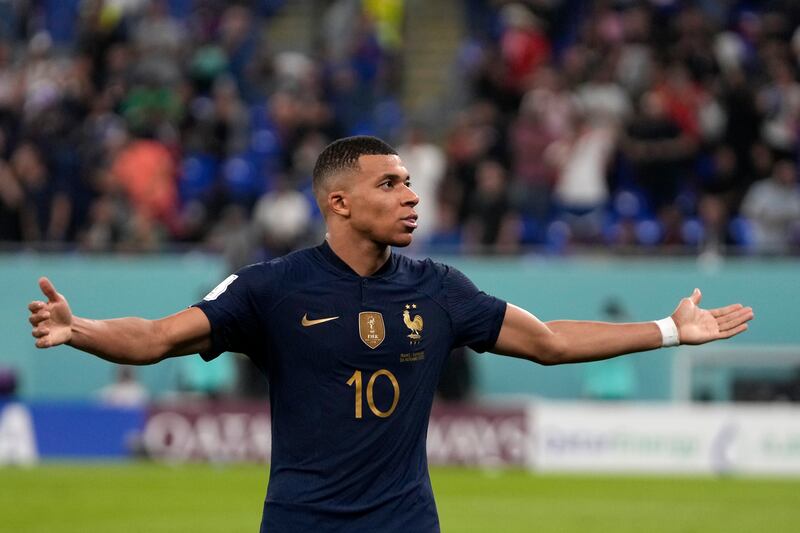 Striker Kylian Mbappe celebrates after scoring France's second goal in the 2-1 Group D victory against Denmark at Stadium 974 in Doha on November  26, 2022. AP