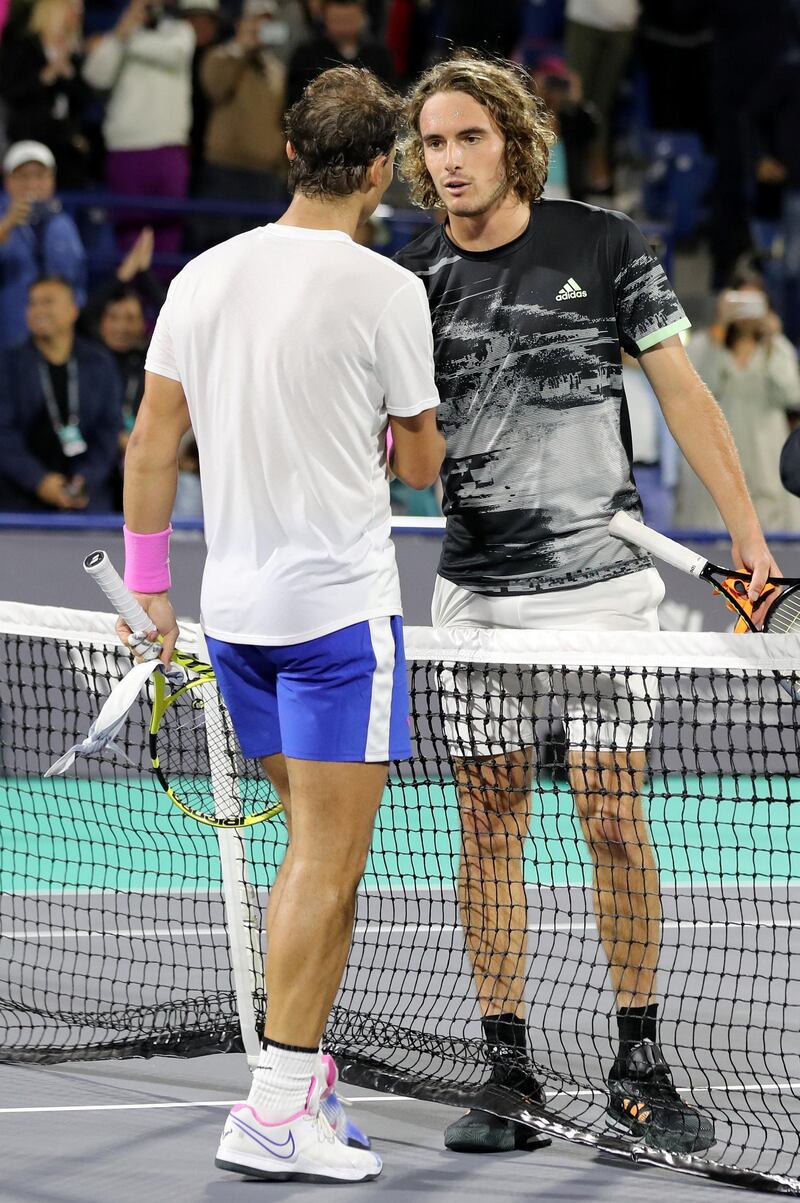 Abu Dhabi, United Arab Emirates - Reporter: Jon Turner: Rafael Nadal celebrates his win after the final between Rafael Nadal v Stefanos Tsitsipas at the Mubadala World Tennis Championship. Saturday, December 21st, 2019. Zayed Sports City, Abu Dhabi. Chris Whiteoak / The National