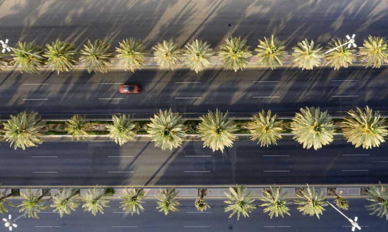 An aerial view shows a section of the nearly-deserted King Fahad road in the Saudi capital Riyadh. AFP