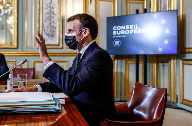 French President Emmanuel Macron attends a European Union summit over video conference at the Elysee Palace in Paris. AFP