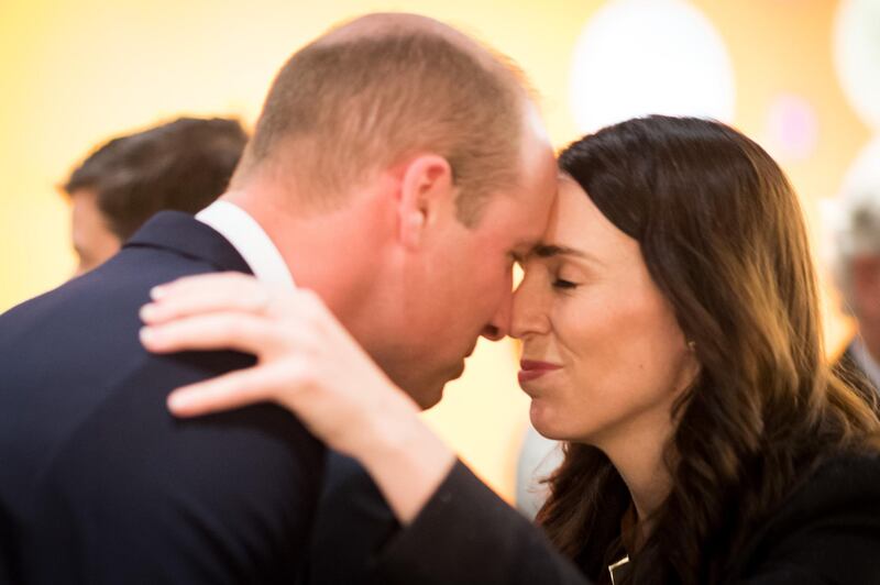 Prince William, Duke of Cambridge is greeted with a Hongi, a traditional Maori greeting, by Prime Minister Jacinda Ardern. The New Zealand Government via Getty Images