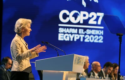 European Commission President Ursula von der Leyen speaks during the Cop27 summit in Sharm El Sheikh last month. EPA