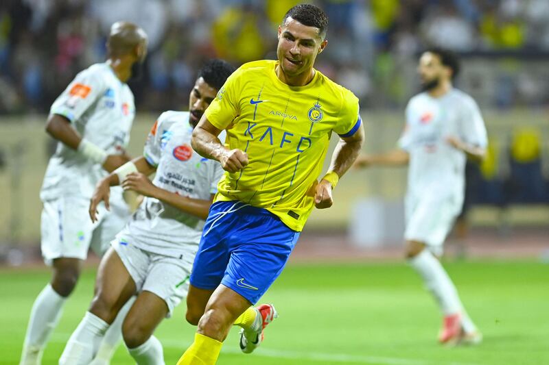 Al Nassr's Cristiano Ronaldo scored a hat-trick against Al Fateh in their Saudi Pro League match at the Prince Abdullah Bin Jalawi Stadium on Friday, August 25, 2023. AFP