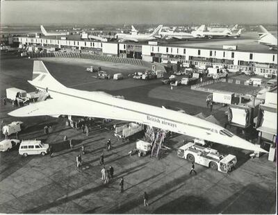 A first for British Airways as a supersonic jet gets set to take off from London bound for Bahrain on January 21, 1976. Courtesy British Airways 