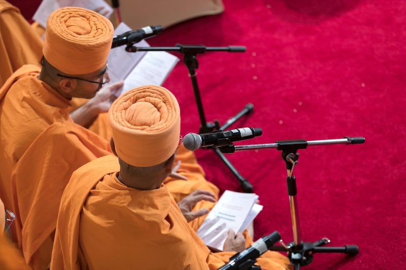 ABU DHABI, UNITED ARAB EMIRATES - April 20 2019.

The Shilanyas Vidhi, The Foundation
ceremony of the first traditional Hindu Mandir in Abu Dhabi, UAE. The Vedic ceremony is performed in the holy presence of His Holiness Mahant Swami Maharaj, the spiritual leader of BAPS Swaminarayan Sanstha.

(Photo by Reem Mohammed/The National)

Reporter:
Section: NA + BZ