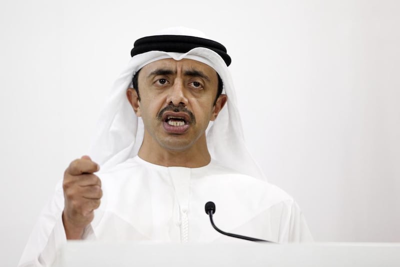 Foreign minister Sheikh Abdullah bin Zayed Al Nahyan addresses a news conference about the UAE's involvement in Yemen. Christopher Pike / The National