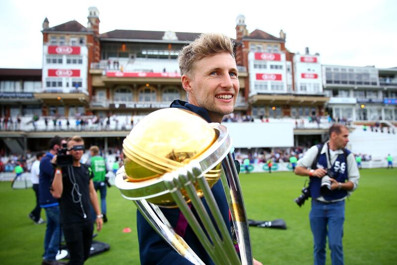 Joe Root of England parades the World Cup Trophy during the England ICC World Cup Victory Celebration at The Kia Oval in London, England. Getty Images