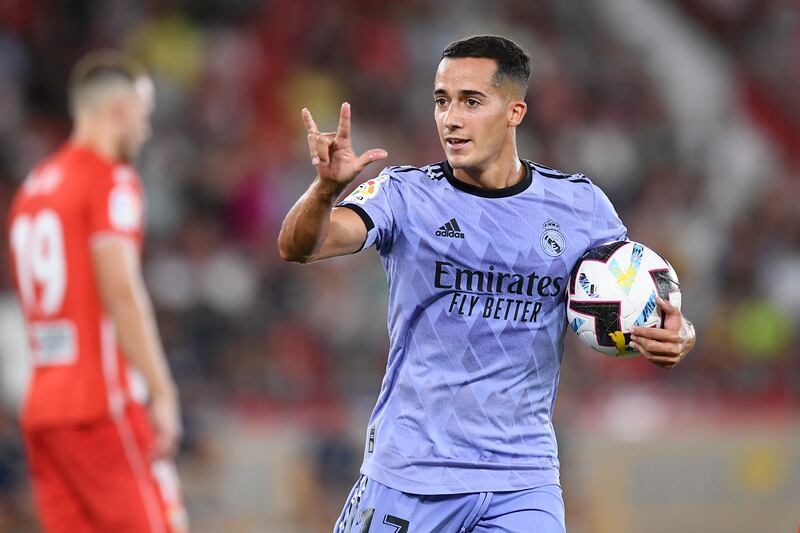 Real Madrid's Lucas Vazquez celebrates after scoring his side's first goal during a Spanish La Liga soccer match between Almeria and Real Madrid at the Power Horse stadium in Almeria, Spain, Sunday, Aug.  14, 2022.  (AP Photo / Jose Breton)