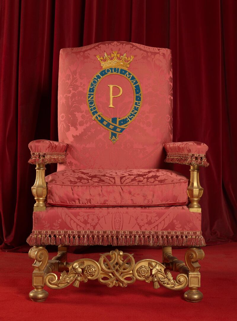 The Chair of Estate made for Prince Philip after the Coronation to accompany The Queen’s Chair of Estate in the Throne Room at Buckingham Palace. Courtesy Royal Collection Trust