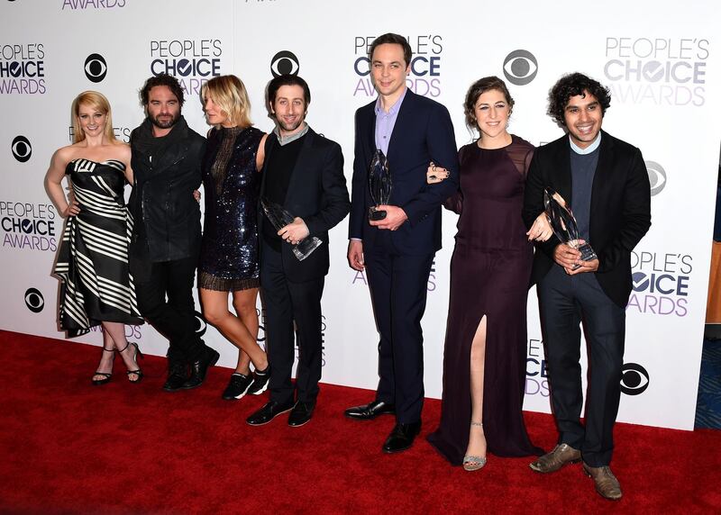 (FILES) In this file photo taken on January 6, 2016 the ast of The Big Bang Theory poses in the press Room at the People's Choice Awards 2016 at Microsoft Theater in Los Angeles, California. - Award-winning ratings smash "The Big Bang Theory" will end with the finale of its 12th season in May next year, CBS said on August 22, 2018, lavishing praise on the long-running comedy. (Photo by Angela WEISS / AFP)