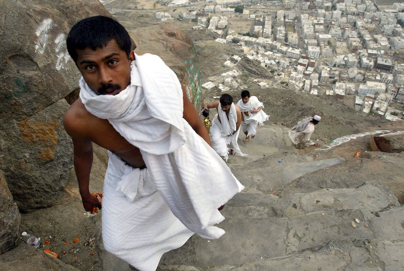 Muslims performing Hajj in 2004 make their way to the summit of Jabal Al Nour near Makkah.