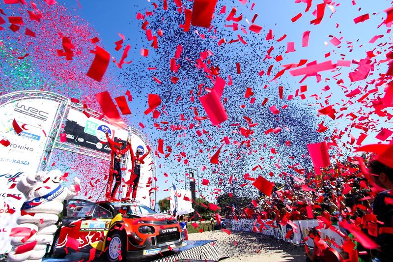 French driver Sebastien Ogier of Citroen Total WRC celebrates winning the Rally Guanajuato Mexico in Leon, Mexico. EPA