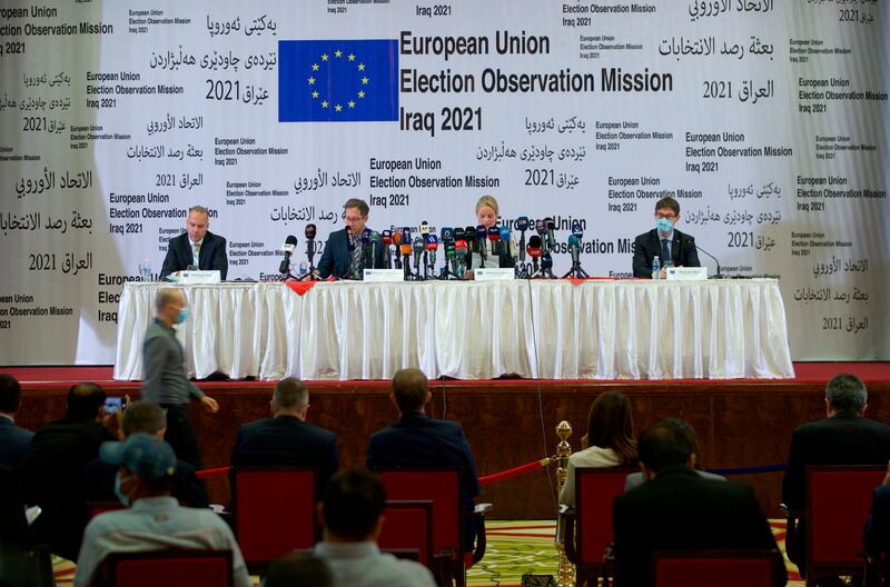 EU observers of the election hold a press conference in Baghdad. AP