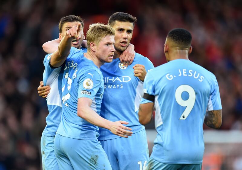 Soccer Football - Premier League - Liverpool v Manchester City - Anfield, Liverpool, Britain - October 3, 2021 Manchester City's Kevin De Bruyne celebrates scoring their second goal with Ruben Dias, Rodri and Gabriel Jesus REUTERS/Peter Powell EDITORIAL USE ONLY.  No use with unauthorized audio, video, data, fixture lists, club/league logos or 'live' services.  Online in-match use limited to 75 images, no video emulation.  No use in betting, games or single club /league/player publications.   Please contact your account representative for further details. 