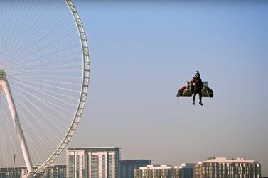 Jetman Vince Reffet takes flight over Bluewaters Island in Dubai. YouTube / XDubai