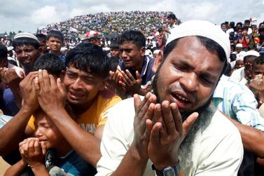Rohingya refugees pray at a gathering to mark the second anniversary of their exodus from Myanmar, at the Kutupalong camp in Cox’s Bazar, Bangladesh, August, 2019. Rafiqur Rahman / Reuters 