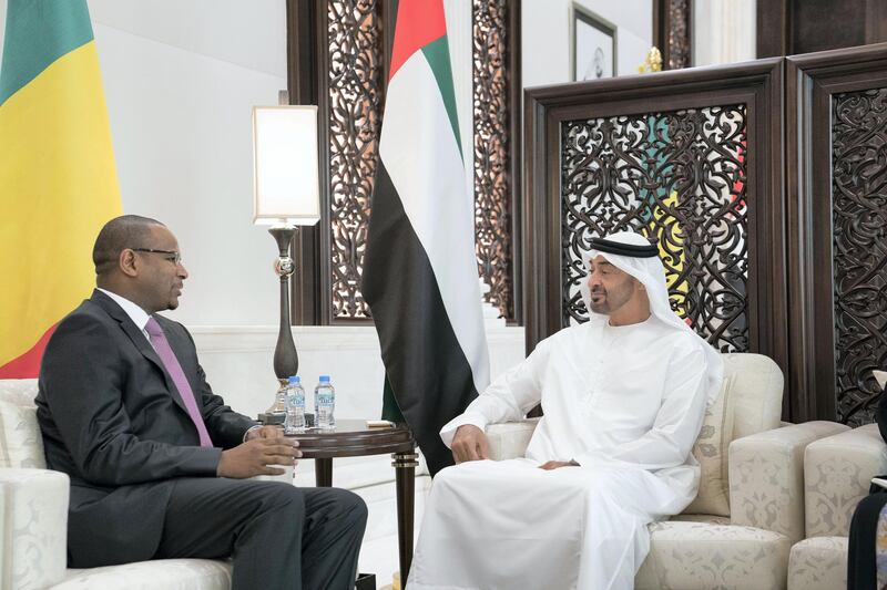 ABU DHABI, UNITED ARAB EMIRATES - May 20, 2019: HH Sheikh Mohamed bin Zayed Al Nahyan, Crown Prince of Abu Dhabi and Deputy Supreme Commander of the UAE Armed Forces (R), meets with HE Boubou Cisse, Prime Minister of Mali (L), at Al Bateen Palace.

( Eissa Al Hammadi for the Ministry of Presidential Affairs )
---