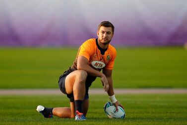 South Africa's Handre Pollard takes part in a training session in Urayasu, outside Tokyo, Japan, Wednesday, Oct. 30, 2019. The Springboks will play England in the Rugby World Cup final on Saturday Nov. 2. in Yokohama. (AP Photo/Christophe Ena)