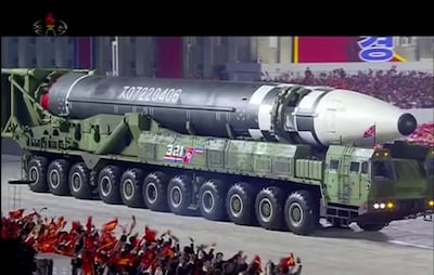 This image made from video broadcasted by North Korea's KRT, shows a military parade with what appears to be possible new intercontinental ballistic missile at the Kim Il Sung Square in Pyongyang, Saturday, Oct. 10, 2020. North Korean leader Kim Jong Un warned Saturday that his country would â€œfully mobilizeâ€ its nuclear force if threatened as he took center stage at a massive military parade to mark the 75th anniversary of the countryâ€™s ruling party. (KRT via AP)