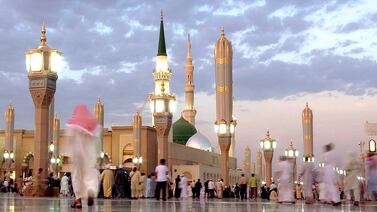 Visitors at the Prophet's Mosque in Madinah, Saudi Arabia. AP