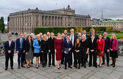 The new Swedish government on Lejonbacken terrace at Stockholm Palace. AP