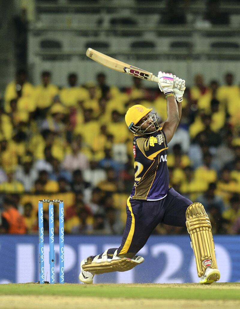 Kolkata Knight Riders cricketer Andre Russell plays a shot during the 2018 Indian Premier League (IPL) Twenty20 cricket match between Chennai Super Kings and Kolkata Knight Riders at M.A. Chidhambaram Cricket Stadium in Chennai on April 10, 2018. / AFP PHOTO / ARUN SANKAR / ----IMAGE RESTRICTED TO EDITORIAL USE - STRICTLY NO COMMERCIAL USE----- / GETTYOUT
